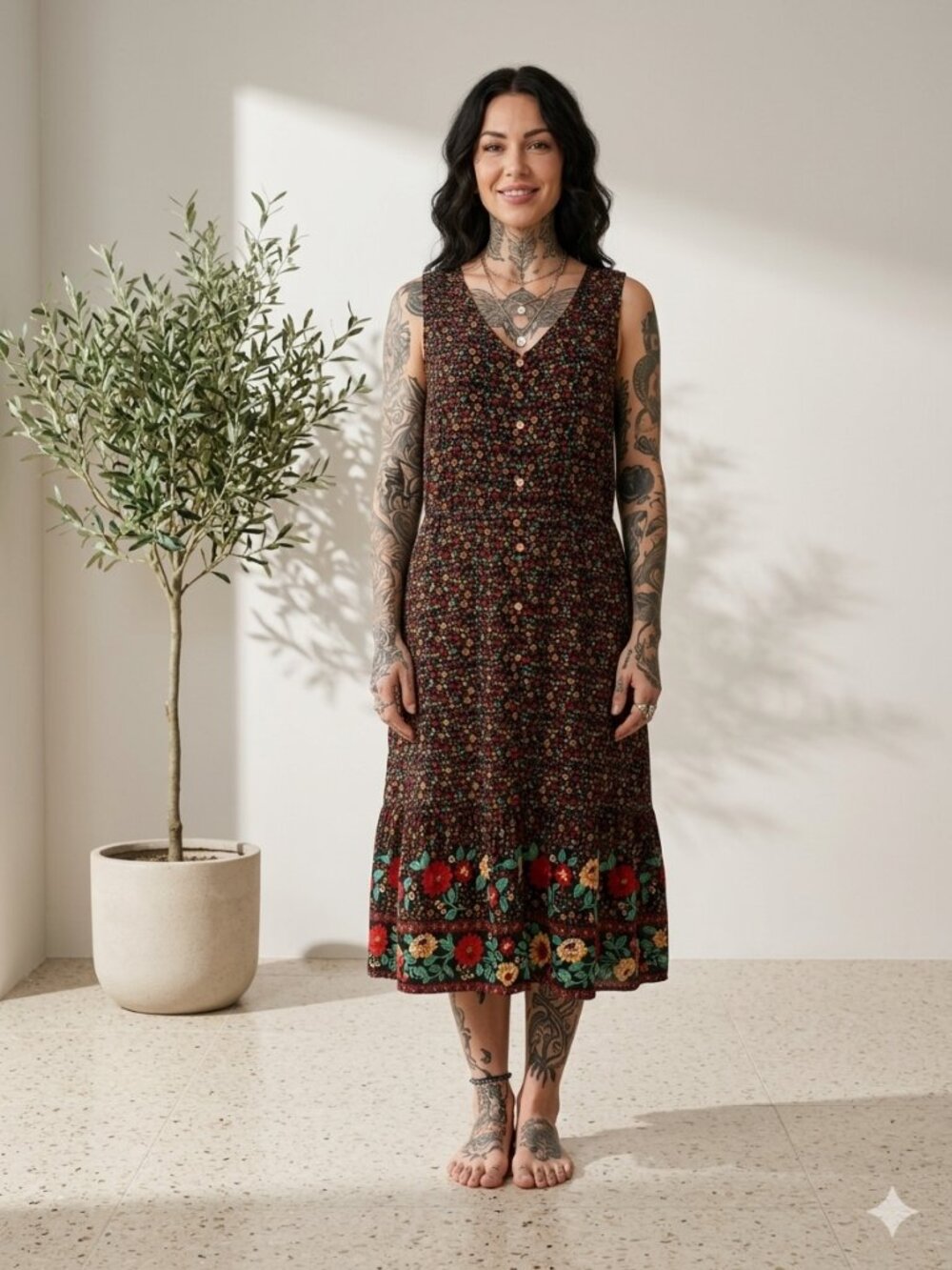 TEMOFON Boho Floral Sleeveless Button Front Maxi Dress - Medium